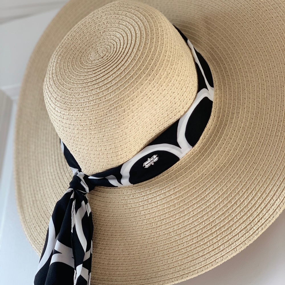 Mud Pie floppy beach hat with scarf.